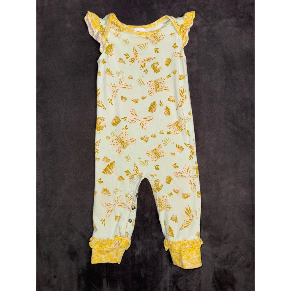 Ricrac & Ruffles Butterfly Print Romper Mint Yellow Flutter‎ Sleeve 12M